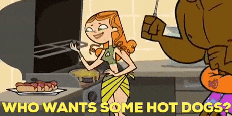 a cartoon woman is cooking hot dogs on a grill while a man watches .