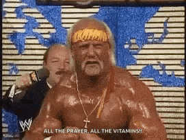 hulk hogan is wearing a headband and a necklace and says all the prayer all the vitamins !
