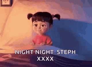 a cartoon girl is sitting on a bed with the words `` night night steph xxx '' written on the bottom .
