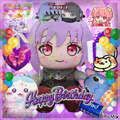 a picture of a stuffed doll with the words happy birthday written on it