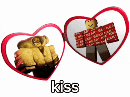 a picture of a bear in a heart shaped frame with the word kiss below it