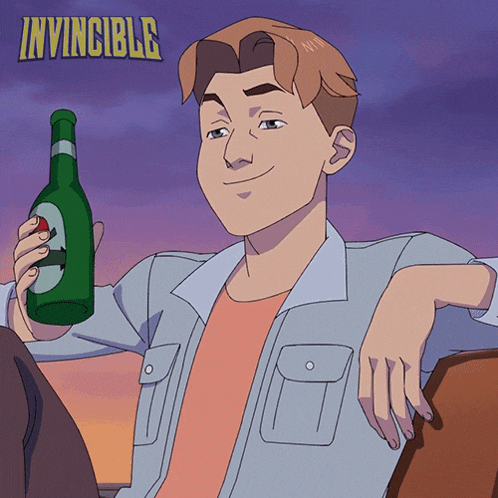 a cartoon of a man holding a green bottle with the word invincible on the bottom
