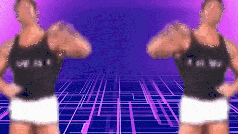 two men are standing next to each other on a purple and blue background .