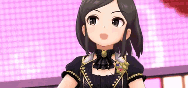 a cartoon girl with short hair is wearing a black dress and a gold collar .