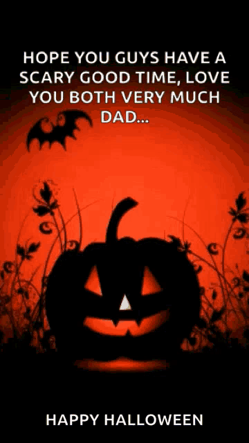 a halloween greeting card with a pumpkin and bats on it