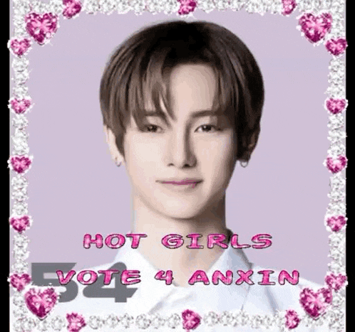 a picture of a young man in a white shirt with the words `` hot girls vote 4 anxin '' on it .