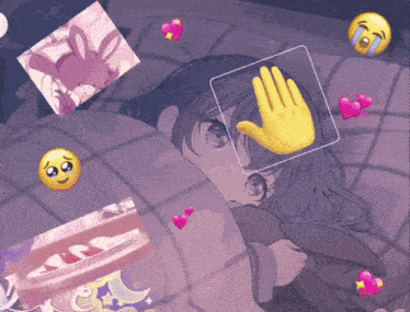 a girl laying under a blanket with a yellow hand covering her face