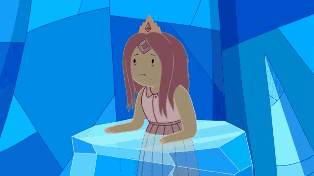 a cartoon character with a crown on her head is sitting on a ice cube