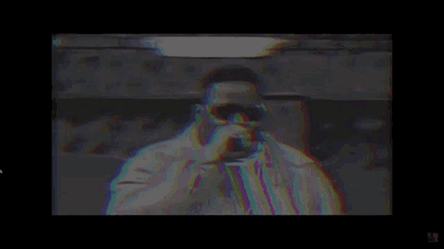a man wearing sunglasses and a jacket has a glitch effect