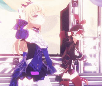a couple of anime girls are standing next to each other on a stage