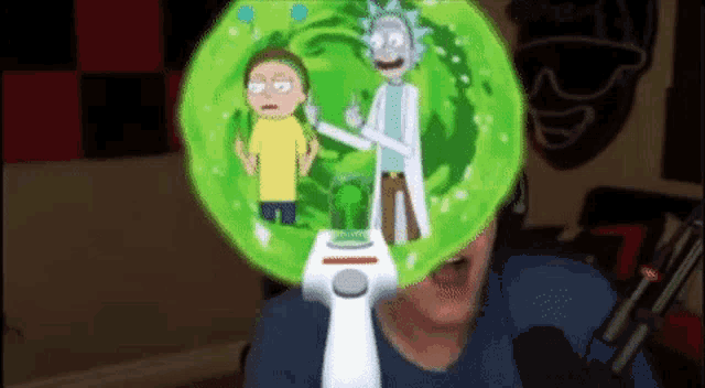 a man is holding a device with rick and morty on it in front of his face .