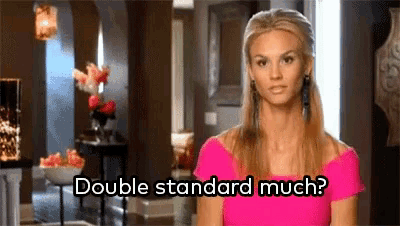 a woman in a pink dress is asking if double standard much .
