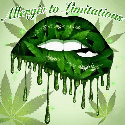 a poster that says " allergic to limitation " with green lips