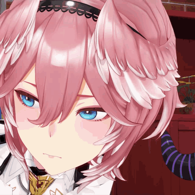 a close up of a anime character with pink hair