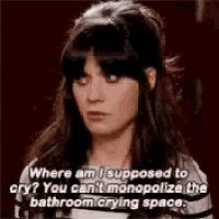 a woman is talking about crying in the bathroom .
