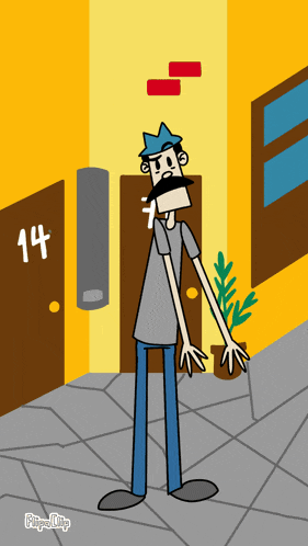 a cartoon character standing in front of a building with the number 14 on the door