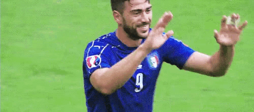 a soccer player wearing a blue jersey with the number 9 on it is standing on a soccer field .