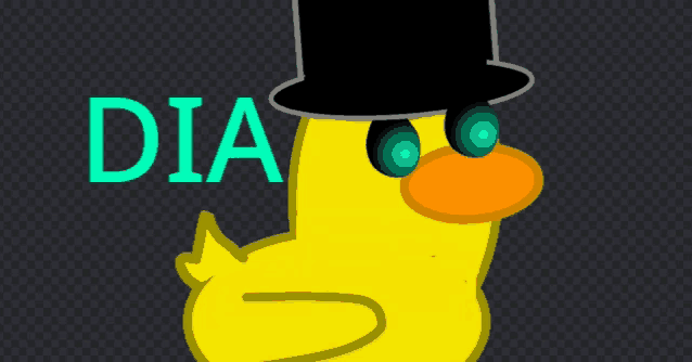 a yellow rubber duck wearing a top hat and sunglasses with the word dia below it