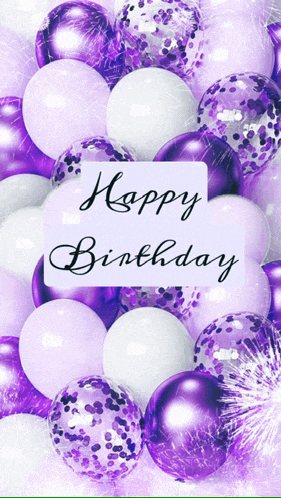 a bunch of purple and white balloons with a happy birthday message