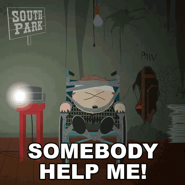 a cartoon of a man in a wheelchair with the words somebody help me above him