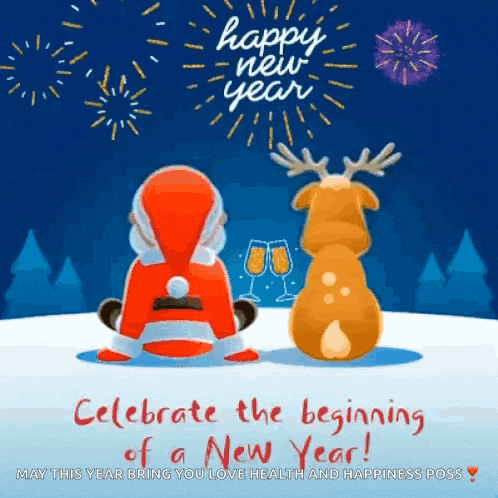 a happy new year greeting card with santa and reindeer