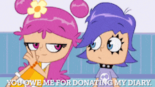 a cartoon of two girls with the words " you owe me for donating my diary " below them