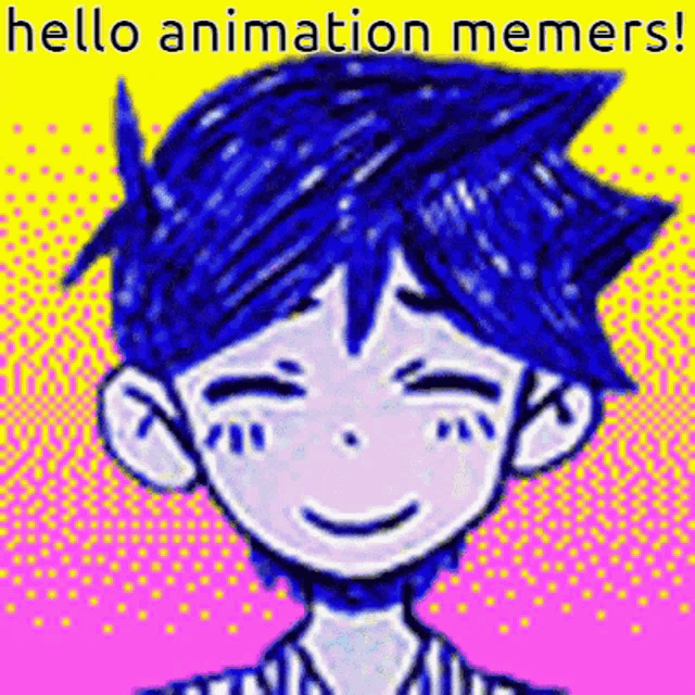 a drawing of a boy with blue hair and a smile on his face .