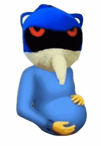 a blue cartoon character is holding his belly with his hands