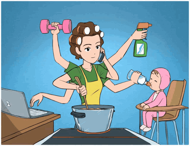 a cartoon of a woman with many arms cooking and talking on a cell phone