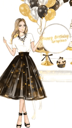 a woman in a black and gold dress holds balloons and a sign that says happy birthday gorgeous