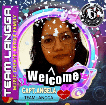 a picture of a woman wearing glasses and a welcome sign