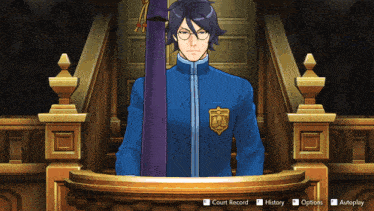 a screenshot of a video game shows a man in a blue uniform with a badge on it