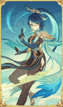 a cartoon drawing of a woman with blue hair and glasses