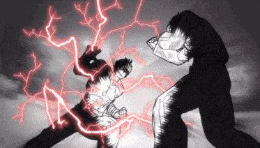 a black and white drawing of two men fighting with lightning around them