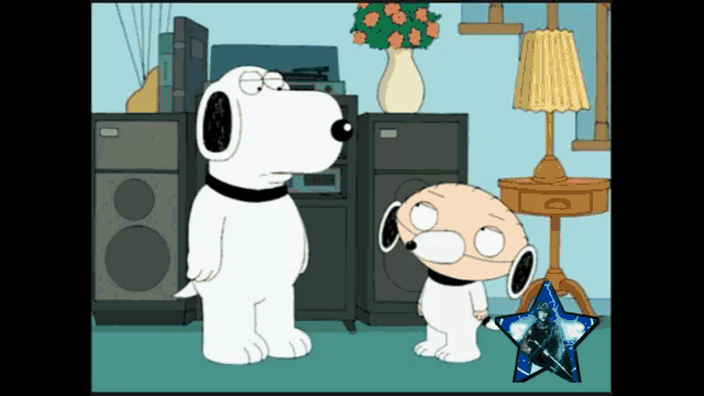 a cartoon of snoopy and stewie standing in a living room