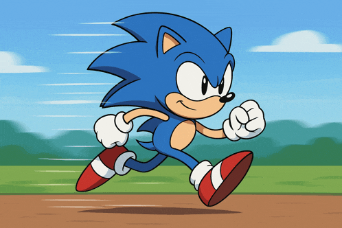 a cartoon drawing of sonic the hedgehog running on a field