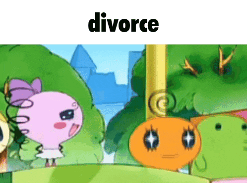 a couple of cartoon characters are standing next to each other and the word divorce is above them