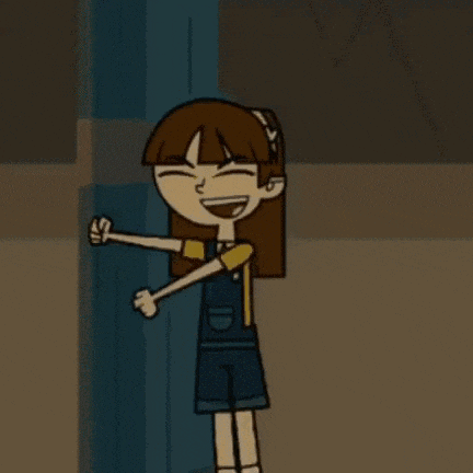 a cartoon girl is standing in front of a door and smiling with her arms outstretched .