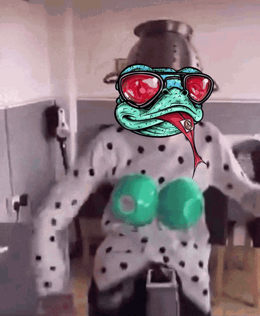 a drawing of a frog wearing sunglasses and a polka dot shirt