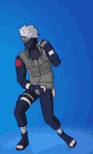 a cartoon character is standing in front of a blue background with his hand on his head