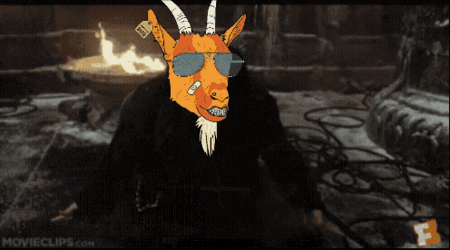 a cartoon of a goat wearing sunglasses and a tag that says ' sheep ' on it