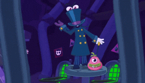 a cartoon character in a top hat is standing next to a pink monster