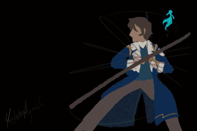 a drawing of a man in a blue coat holding a sword with a signature on the bottom right corner