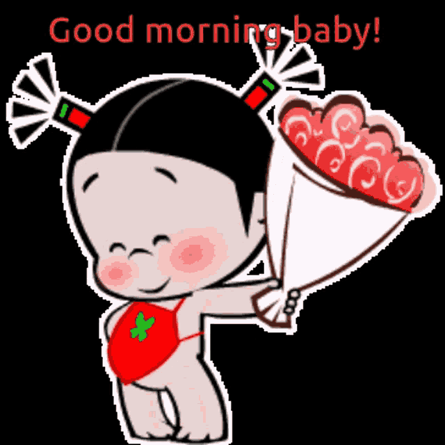 a cartoon of a girl holding a bouquet of flowers with the words good morning baby below her