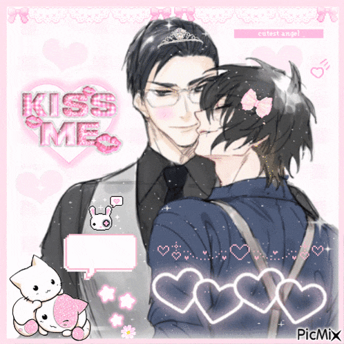 a drawing of a man kissing another man with the words kiss me written on it