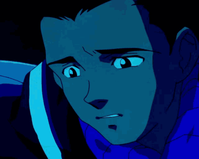 a close up of a cartoon character 's face in blue