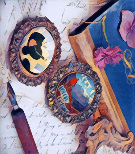 a painting of a pen a book and a necklace with a picture of a man and a woman on it
