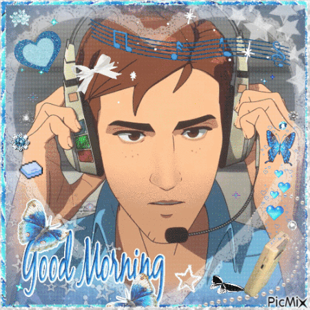 a picture of a man wearing headphones with the words good morning written on the bottom