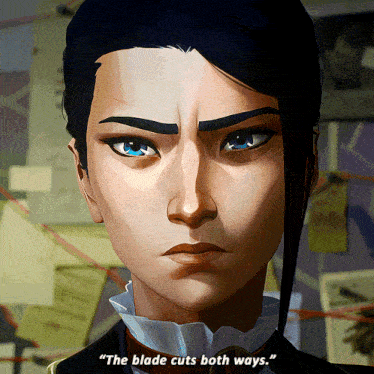 a close up of a woman 's face with the words " the blade cuts both ways " visible