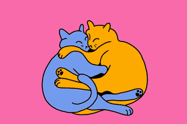 a blue and orange cat hugging each other with hearts in the background